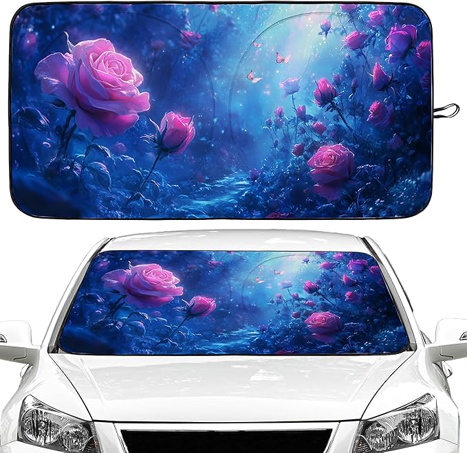 Rose Car Windshield Sun Shade Foldable Sunshade Front Window Cover Sun Visor Protector Accessories (59x27.5 inches)
