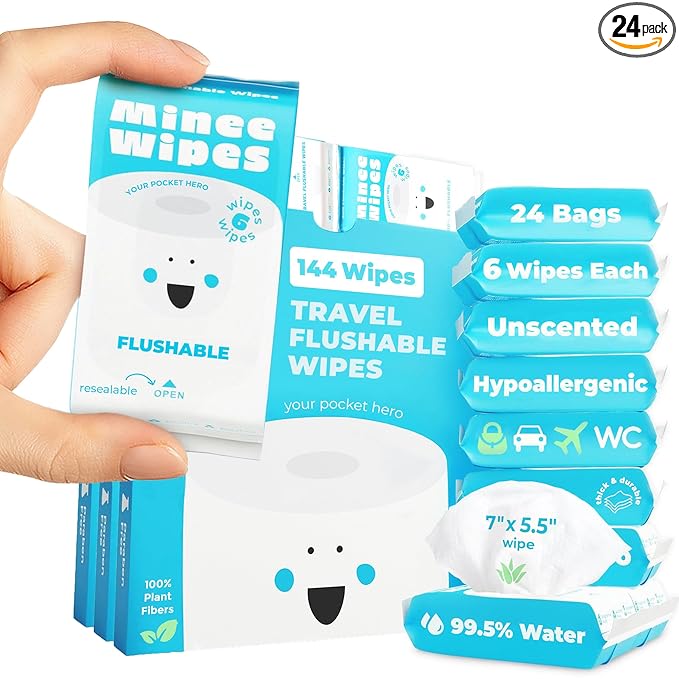 Impossibly Compact Travel Flushable Wipes - 99.5% Water and Aloe - Safe for Sensitive Skin & Hypoallergenic - Travel Essentials for Adults, Kids & Babycare, Unscented, 24 Pack 144 Wipes