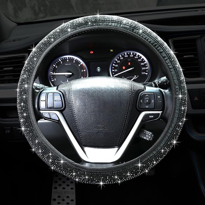 Bling Steering Wheel Cover, Crystal Rhinestone Diamond Steering Cover Universal Fit 15 inch Car Steering Wheel Protector for Women & Girl (Black)