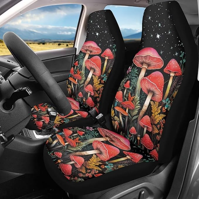 BIGCARJOB Mushroom Car Seat Cover Set for Women, Fantastic Print Auto Front Seat Protector Set of 2 Pcs, Vehicle Bucket Seat Pad, Car Accessories Gifts, Fit Most Vehicle, Cars, Sedan