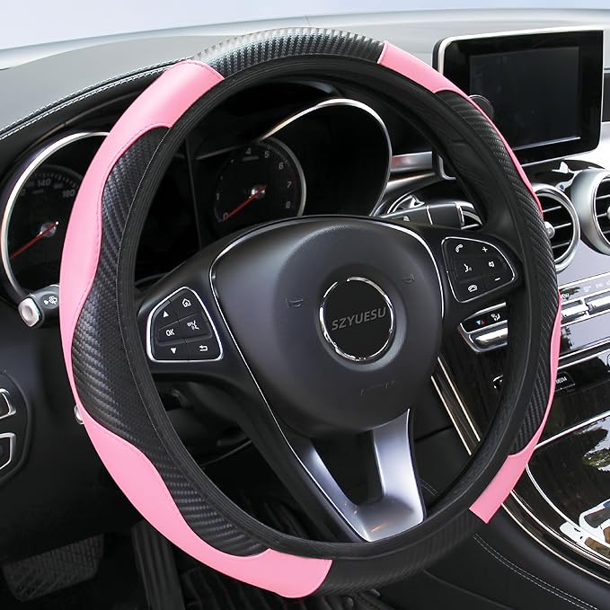 Car Steering Wheel Cover, 15 inch Microfiber Leather Carbon Fiber Soft Anti-Slip Breathable, Universal Size Elastic Car Accessory for Most Cars (Pink)