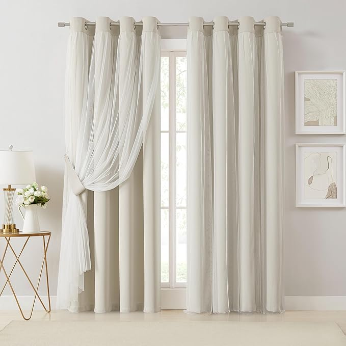 Bujasso Beige 80% Blackout Curtains with Sheer Overlay Mix and Match Double Layer Thermal Insulated Window Panels 102 inch for Living Room Bedroom Beige Drapes with Tiebacks Grommet Top 54" Wx102 Lx2