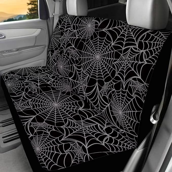 KEIAHUAN Halloween Spider Web Front and Back Car Seat Covers Front Saddle Blanket Rear Split Bench Protection Cover Fit Most Vehicle Truck,SUV (Black)