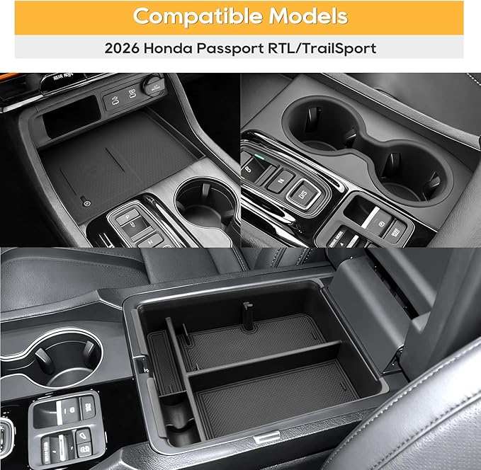 Center Console Organizer for 2026 Honda Passport Trailsport/2023 2024 2025 Honda Pilot/Ridgeline Accessories-Interior Center Cup Holder Insert & Wireless Charging Non-Slip Mat Armrest Storage Box 3PCS