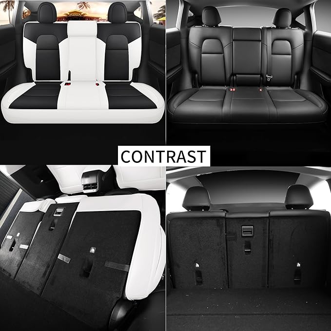 Car Seat Cover for Tesla Juniper Full Set Custom Fit Tesla Model Y Seat Cover 2025 2026 Nappa Leather Seat Protect for Cars (Black+White-Juniper)