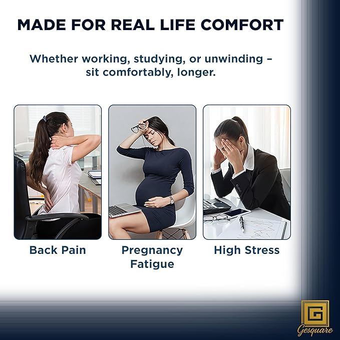 GESQUARE 3-Piece Memory Foam Seat Cushion & Lumbar Support Pillows Set – Adjustable Back Support for Office, Car & Gaming Chairs – Tailbone & Coccyx Comfort for Long Sitting.