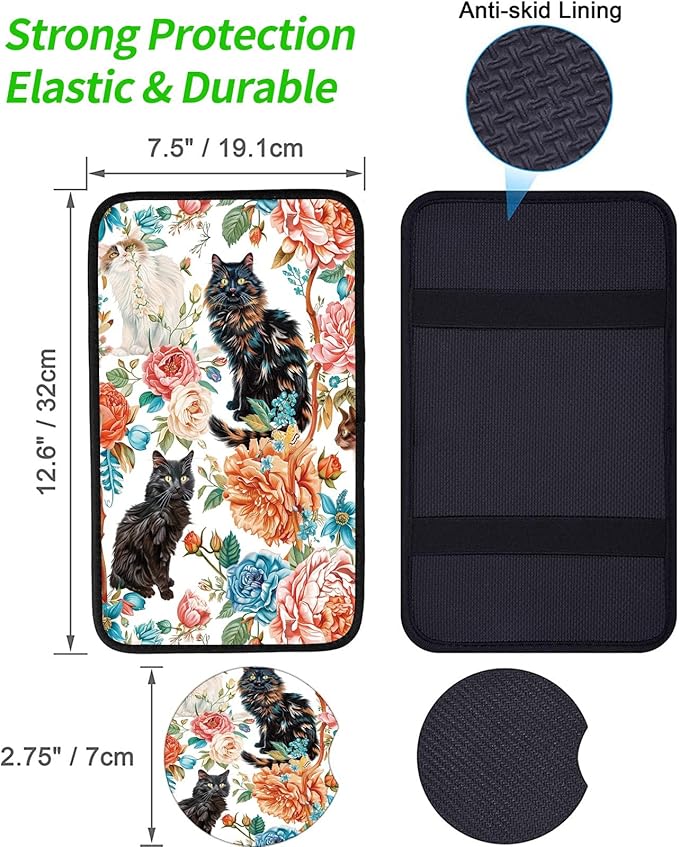 Car Armrest Cover Pads Universal Fashion Cute Auto Center Console Armrest Cover Pad with 2PCS Car Coasters Soft Waterproof Car Armrest Seat Protector for Women, Three Cats Penoy