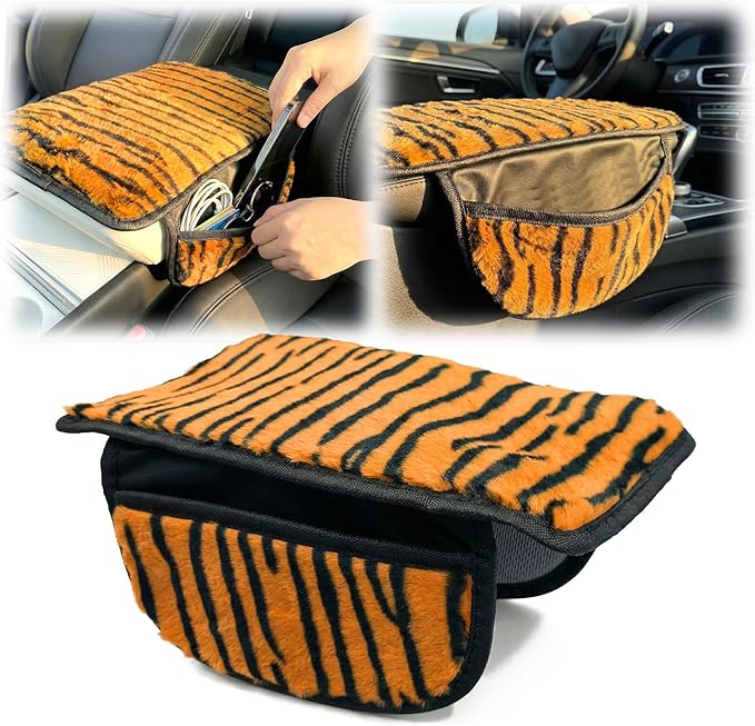 Plush Tiger Print Car Center Console Cover with Side Pockets, Fluffy Armrest Cushion Pad,Soft Car Interior Decorations Accessories with Storage for Women,Universal Fit for Vehicles SUV Truck