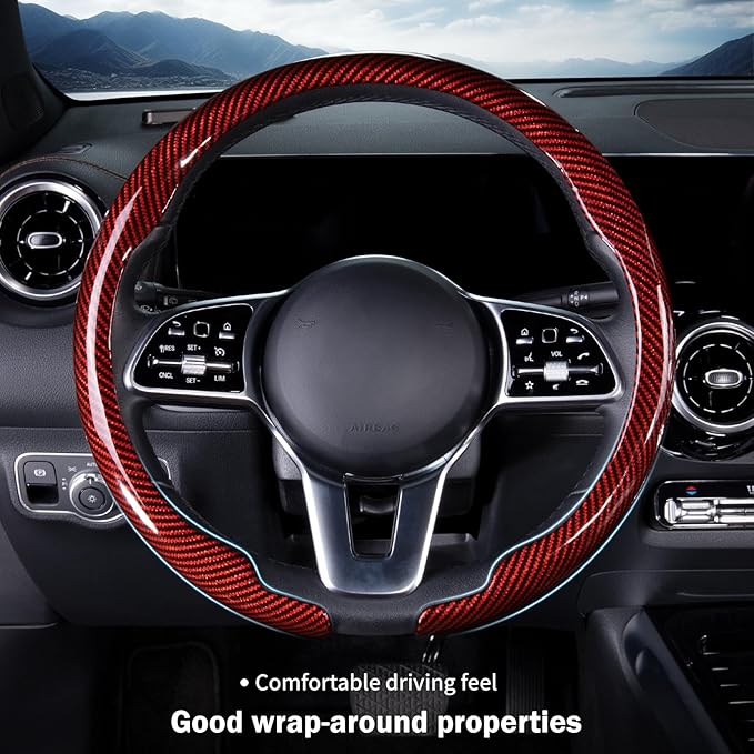 Car Steering Wheel Cover Carbon Fiber Snap On Steering Wheel Accessories Wrap 14.5-15 inch Universal Grip Anti-Skid Protector, Glossy Red