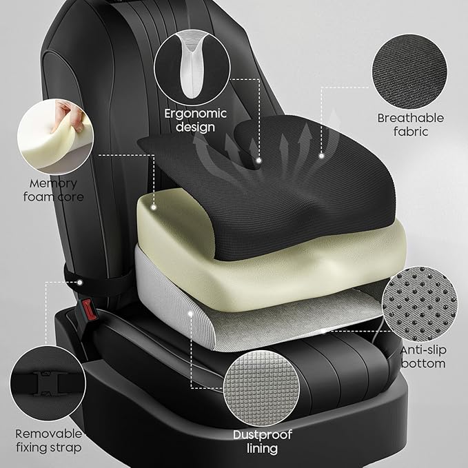 Adult Car Booster Seat Cushion - Memory Foam Car Seat Wedge Cushion - Coccyx Cushion for Tailbone Pain - Driver Seat 3 Inch Height Boost Cushion - for Cars, Trucks, Home & Office Chairs, Black