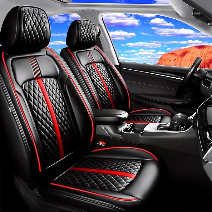 Car Seat Covers for Select Honda Fit 2007-2020, Premium Full Coverage Leather, Airbag Compatible & Scratch-Resistant, Waterproof & All Weather Breathable Seat Protector, Full Set, Red Trim