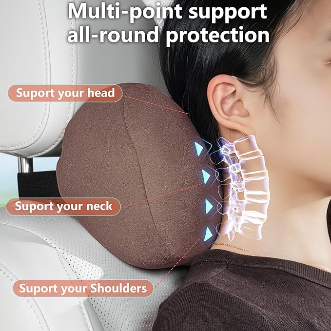 Car Neck Pillow Ergonomic Design Memory Foam Softness Car Headrest Pillow for Neck Support Cushion for Driving, Universal Fit Head Rest Travel Pillow, Fits All Vehicles, Brown, 1 Pack