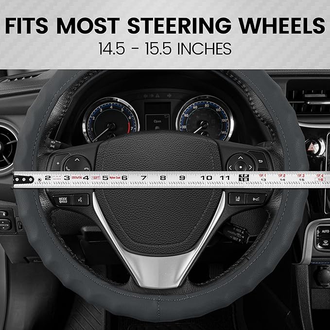 BDK Genuine Gray Leather Steering Wheel Cover for Car, Medium (14.5" - 15.5") – Ergonomic Comfort Grip for Men & Women, Universal Fit Car Steering Wheel Cover for Most Vehicles