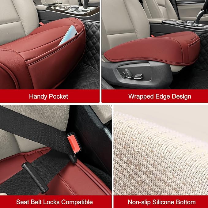 Car Seat Cover for Luxury & Comfort - PU Leather, Anti-Slip, Full Wrap Protection with Storage Pocket for Bottom Cushion - Universal Fit for 95% of Vehicles (Dull-red,2 Piece)