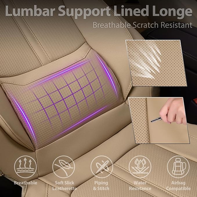CAR PASS Nappa Leather Seat Covers Full Set, 3D Foam Faux Leather Car Seat Covers with Lumbar Support, Water Resistant Comfort & Universal Fit for Cars SUV Truck Most Vehicles, All Beige