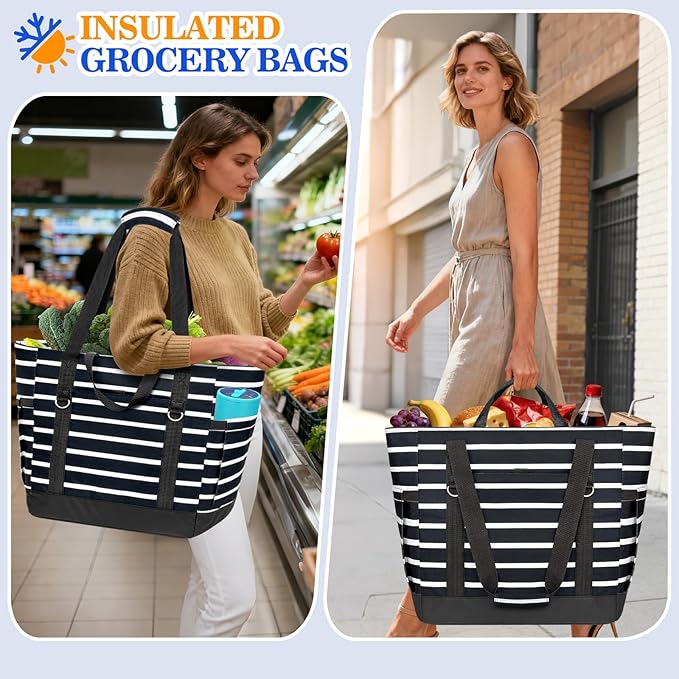 HUANLANG Soft Cooler Bag Insulated for Travel,Large Insulated Grocery Bags with Zippered Top,PEVA Collapsible Food Delivery Cooler Bag for Beach, Travel, Picnics