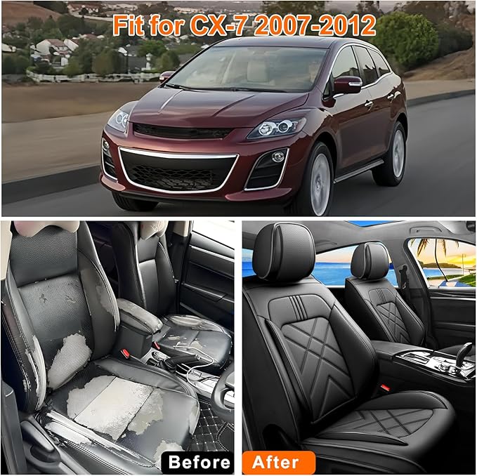 CX-7 Car Seat Covers Custom Fit for Mazda CX-7 2007-2012, Full Coverage Premium Leather Waterproof Breathable Seat Covers Automotive Seat Protectors, Airbag Compatible(Full Set, Seats, Black)