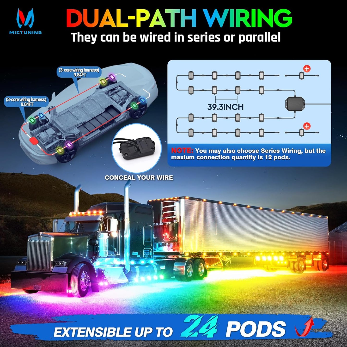 MICTUNING 2025 1000% Bright Q1 MAX RGB+IC Rock Lights, 2 Pods Chasing Dreamcolor Extensible Underglow Multicolor Neon Light Underbody Lighting Kit for Truck ATV UTV Boat (No Controller)