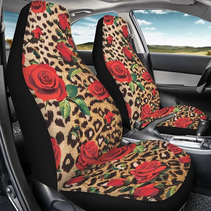 Leopard Print Rose Car Front Seat Covers Set of 2 Piece Auto Seats Protectors Anti-Scratch Seat Covers Universal Fit Most Vehicles
