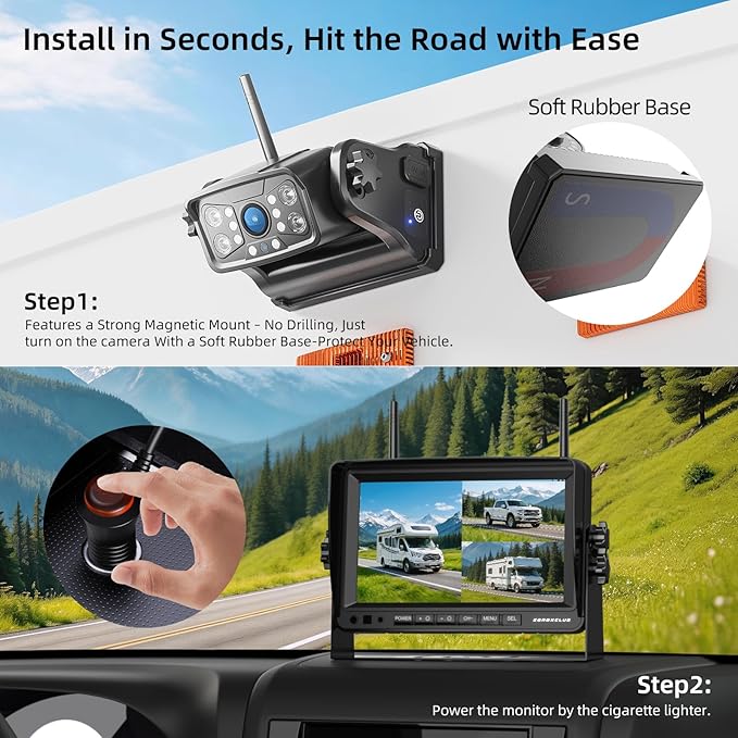 ZEROXCLUB Magnetic Wireless Backup Camera: 7" HD 1080P DVR Monitor with 1 Rear View, 2 Side View Cameras, IR Night Vision, Portable Rechargeable Camera for RV/Trailer/5 Wheels/Camper BC703