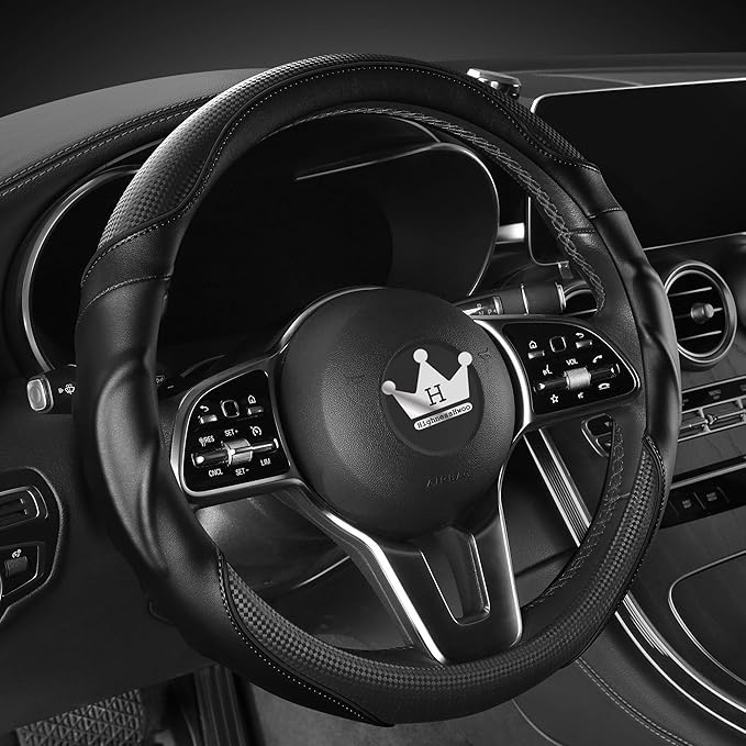 3D Car Steering Wheel Cover Comfort Grip Massage Sporty Anti-Slip Carbon Fiber Faux Leather for F150, Trucks, Jeep, Van, Car Handle Covers for All Seasons, 15.2-16in, Black