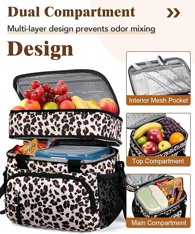 Insulated Lunch Bag for Women, Double Leakproof Lunch Box Soft Cooler Tote with 5 Pockets, 600D Oxford, EVA Lining, Adjustable Strap for Work, Picnic, Beach&Travel-Leopard Print