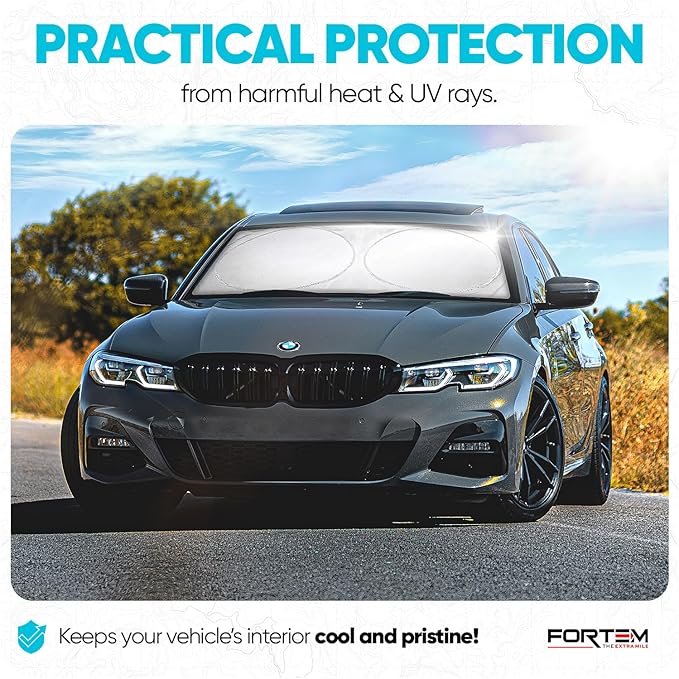 FORTEM Car Sun Shade for Windshield, Reflective Windshield Sunshade, 240T Polyester, Automotive Interior Sun Protection, Ultimate Heat and UV Shield, Foldable, Storage Bag