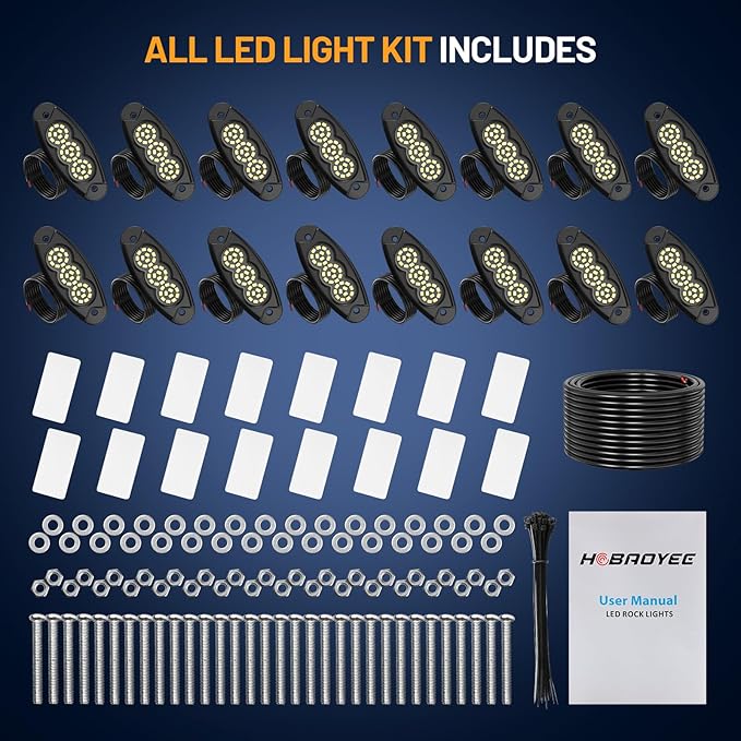 16 Pods White Rock Lights, 36 LEDs 6500K Ultra Bright IP68 Waterproof Underbody Lights for Car Truck Pickup Boat RV RZR ATV with 32.8ft Extension Wire