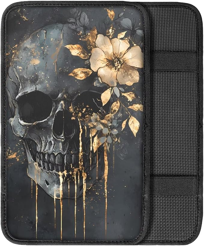 Dreaweet Skull and Flower Center Console Cover for Car Women Universal Rest Cover Pad Spooky Car Accessories Non Slip Anti Scratch Center Console Armrest Cover for SUV Sedan Truck Van