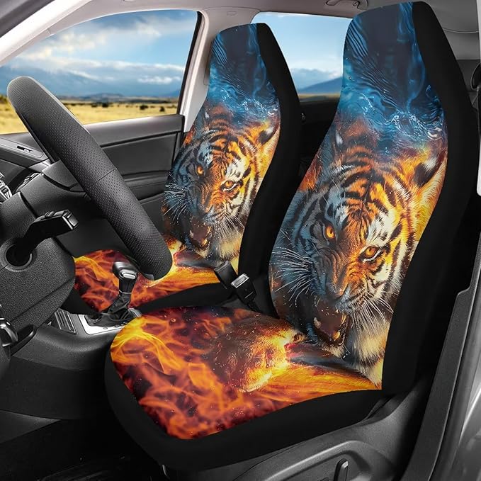 Cool Tiger Car Seat Covers Set of 2 Breathable Universal Vehicle Front Seats Interior Protector Easy to Install Interior Protection Suitable Fits Most Car Auto SUV Sedan