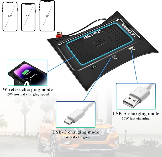 Wireless Charger for Nissan Rogue S, SV, SL, 30W Fast Charging USB-A USB-C 15W Wireless Charger Pad Panel for Nissan Rogue T32 2014-2020, Hybrid 2017-2019, Sport 2017-2020 Accessories
