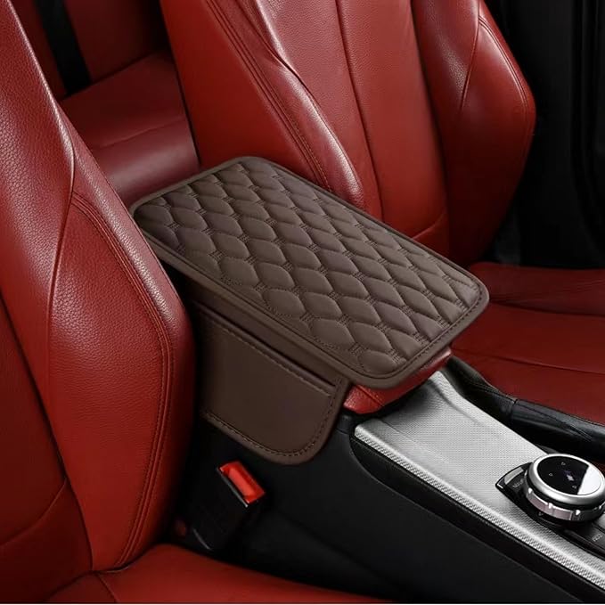 Thin Car Center Console Cover, PU Leather Armrest Cushion with 2 Side Storage Pockets, Universal Car Interior Accessories for Most Vehicles/SUV/Sedan (Thin-Diamond Stitch, Coffee)