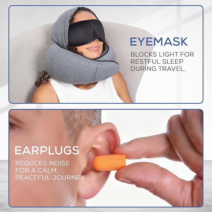 Travel Neck Pillows for Airplanes – Sleep Comfortably on Long Flights, Roadtrips, Home or Office. All-in-One Travel Sleep Kit with Hood, Eyemask and Earplugs
