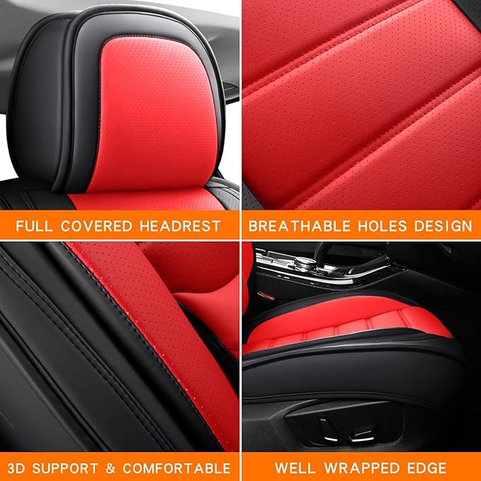 Car Seat Covers Full Set,Black White Car Seat Cover, Car Seat Protector Waterproof, Nappa Leather Car Seat Cushion Fit for Most Cars Red