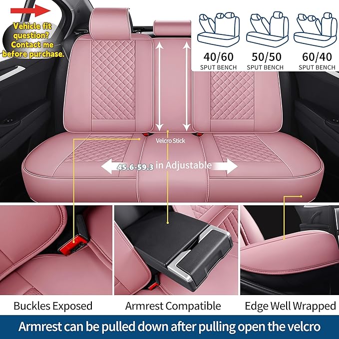 Chezope Car Seat Covers Full Set, Pink Leather Seat Covers, Breathable Front and Back Car Seat Protectors, Wear-Resistant Seat Covers Universal Fit for Most Cars SUV Truck (Pink-Diamonds,Full Set)