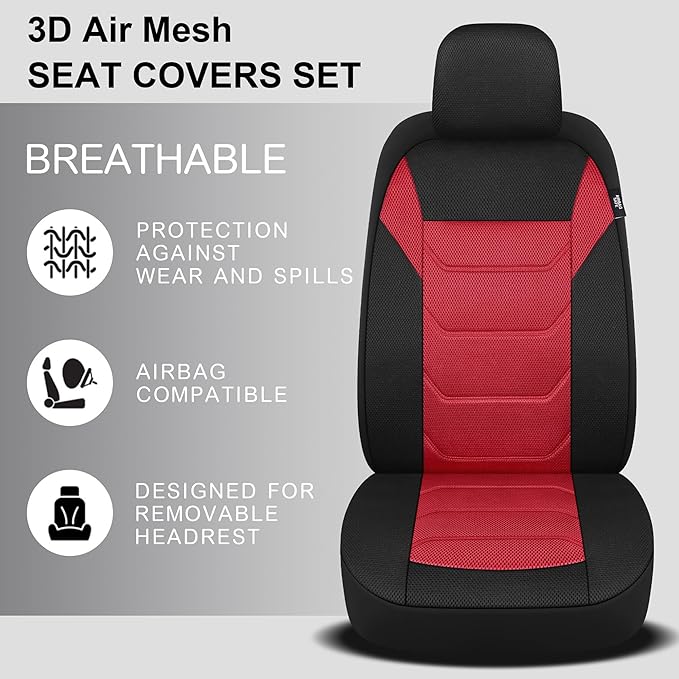 3D Air Mesh Car Seat Cover Front Sets Washable and Breathable Premium Cloth Automotive Vehicle Seat Covers for Cars Interior, Universal Fit for Most Cars, Sedan, Truck, SUV(Black/Red)