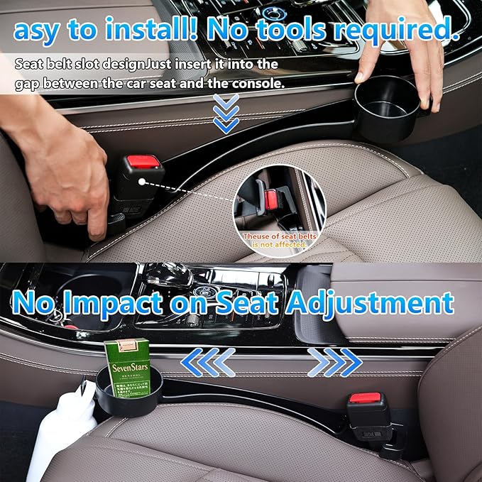 Seat gap filler Compatible with Model Y/Model 3.Deeper Than Standard Retail Models(7.5cm)|Added Cup Holder (2 Fixed Points) + Hooks + Charging Cable Port |2pcs Black| Free Window Break Hammer 1pcs|