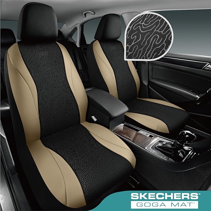 Skechers Car Seat Covers,Leather Seat Covers with GOGA Mat Technology,Waterproof Car Seat Covers Front Seats,Airbag Compatible,Comfort Universal Fit for Most Cars,Vans,Trucks,SUVs,Beige