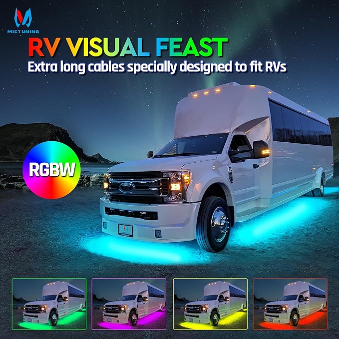 MICTUNING N8 RGBW Underglow Light Bars Specially for RVs, App/Remote Control, Aluminum Housing Waterproof, Exterior Neon Accent Underbody LED Light Strips, w/ 2PCS 11.5FT Extension Cords, 8PCS
