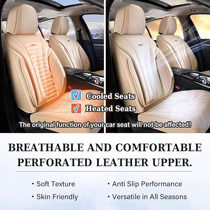 Coverado Car Seat Covers, Front Seat Covers for Cars, 2 Pack Beige Leather Seat Covers, Universal Seat Covers Front Seat, Automotive Seat Covers Waterproof Car Seat Protector Fit for Most Vehicles