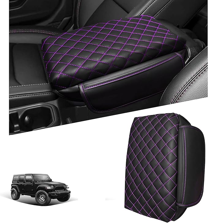 Center Console Cover for Jeep Wrangler JL 2018-2026 & Gladiator JT 2020-2026 1.2in Thickness Armrest Cover Leather Arm Rest Lid Protector Cushion Pad with Stroage Pockets Interior Accessories (Purple)