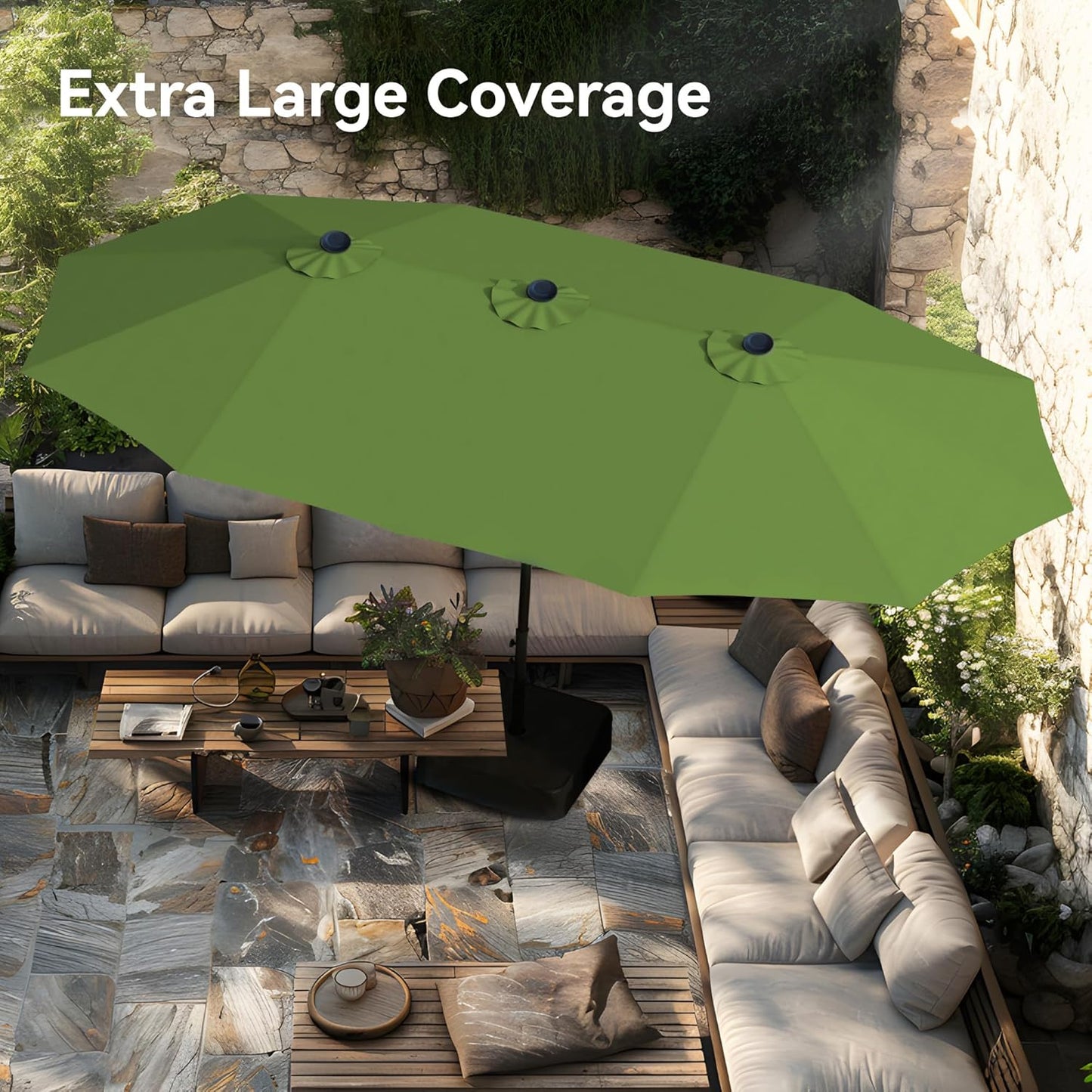 PHI VILLA 15ft Large Patio Umbrellas with Base, Outdoor Double-Sided Rectangle Market Umbrella for Pool Lawn Garden, Lime Green