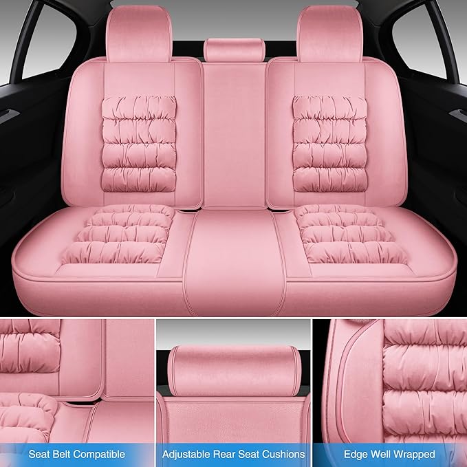 AOOG Fuzzy Car Seat Covers, Heated Bench Back Cushion Protector for Cars SUV Trucks(Full Set,Pink)