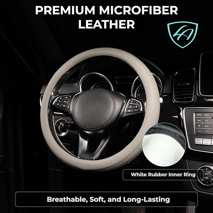 Lord Autofashion Steering Wheel Cover – PU Leather, Non-Slip Rubber Inner, All-Season Comfort – 14.5–15 Inch (Grey 8397)
