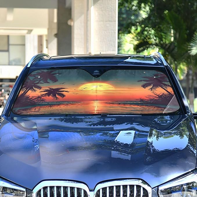 xigua Sunset with Palm Trees Car Windshield Sunshade Foldable Front Window Sun Visor Protector for Car,SUV,Truck - Keep Vehicle Cool,55 x 27.6 Inch