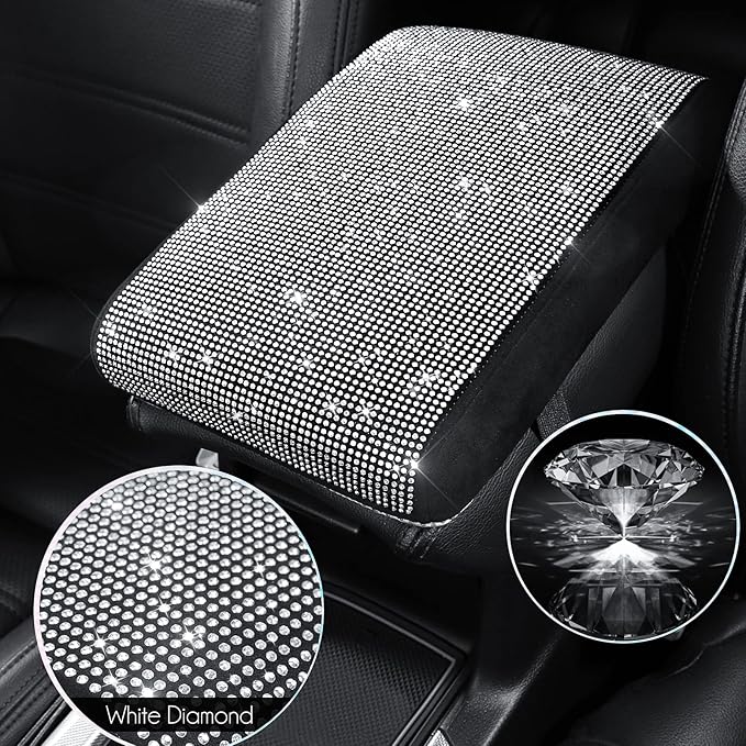 SEG Direct Diamond Auto Center Console Cover, Bling Car Armrest Cover, Memory Foam Armrest Cushion Pad with Crystal Rhinestones, Universal Seat Box Cover, White Diamond