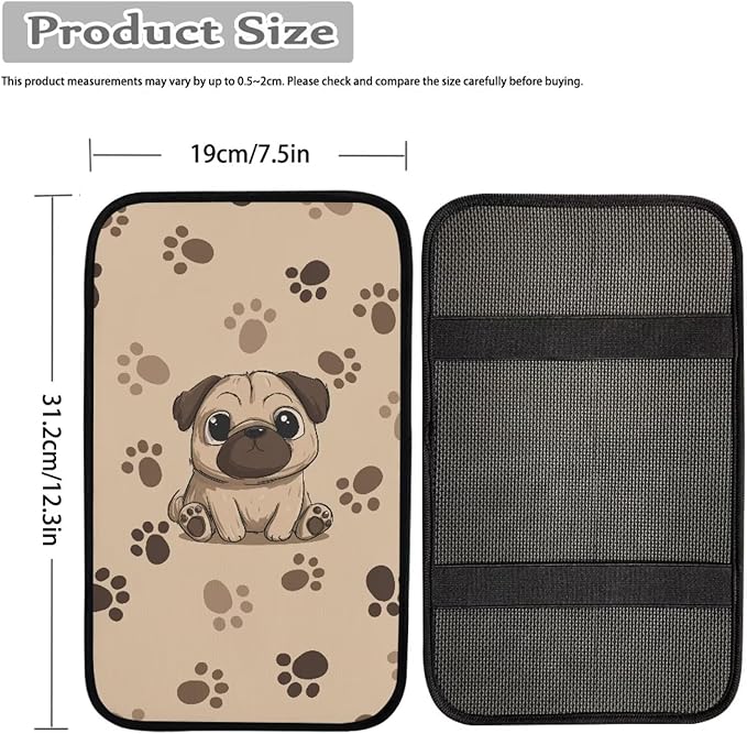 Cute Pug Car Center Console Cushion Pad for Women Dog Print Automotive Armrest Seat Box Cover Universal Fit Most Vehicles Sedan Van Truck SUVs