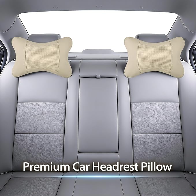 2 Pack Car Neck Pillow Soft Breathable Headrest Pillows for Driving Support, Universal Fit for Most Car Seats Decor Accessories（Beige White）