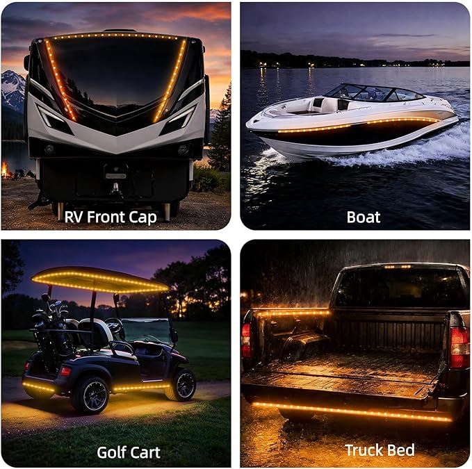 12V Marine Boat LED Light Strip Super Bright, 2 Pack 4FT IP68 Fully Waterproof RV Front Cap Lights, Golf Cart Underglow Roof Lights Strip for Truck ATV UTV SUV Car Pickup Trailer, Cuttable, Amber