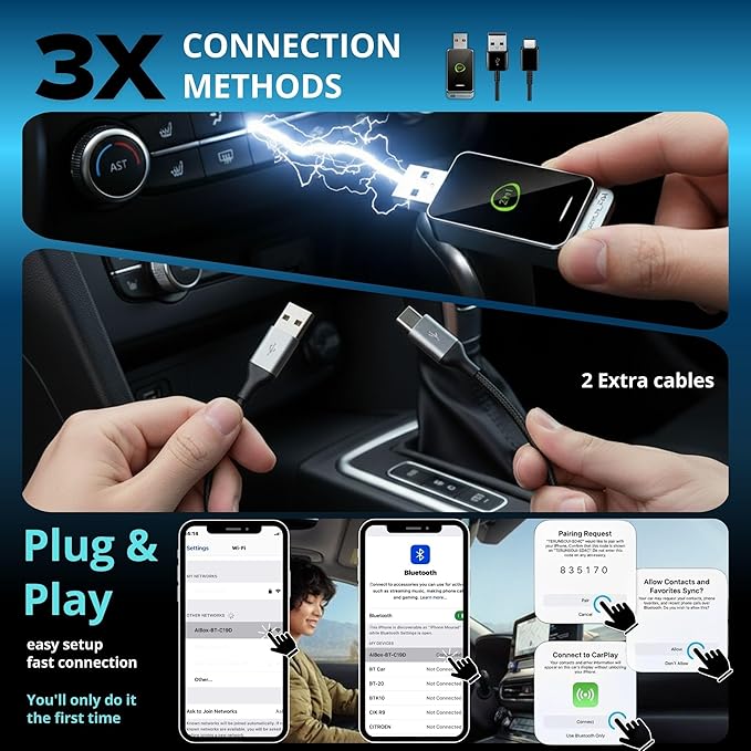 2-in-1 Wireless CarPlay & Android Auto Adapter (2026 Upgraded WiFi 6-BT 5.4) Wired to Wireless Converter | Multi-User Seamless Connection | Easy Setup-Plug & Play | Auto Reconnect | Cars from 2015+